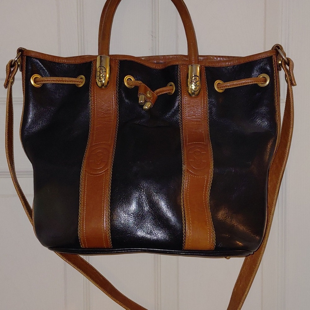 EUC Marino Orlandi 2 Tone Bucket Drawstring Bag, Italian Leather Black & Whiskey
